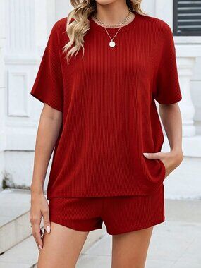 Two Piece Ribbed Crewneck Short Sleeve Pajama Top and Shorts with Pockets